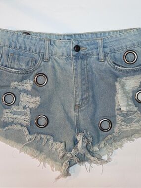 Light Wash Distressed Denim Shorts with Grommet Detail